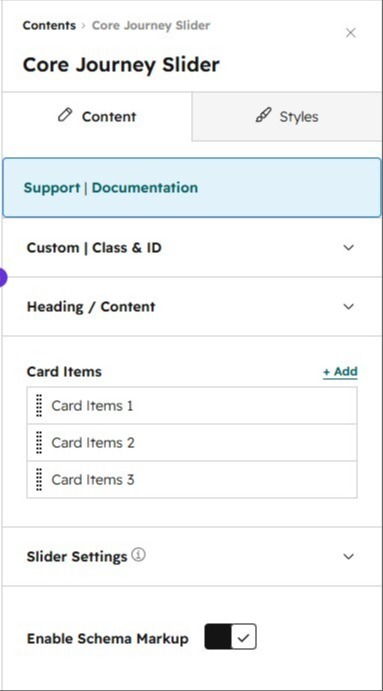 Content panel showing Card Items repeater, Heading/Content, and Schema Markup toggle