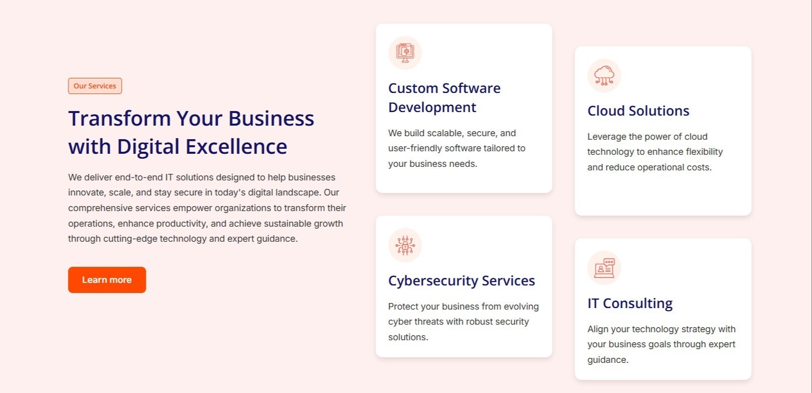 Showcases four core IT services: software dev, cloud, cybersecurity, and consulting.
