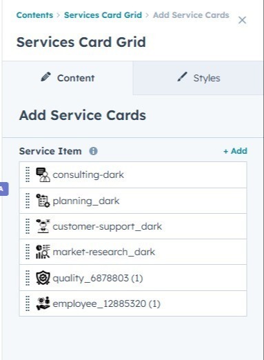 Repeater-based structure for adding multiple service cards
Each card can be customized independently